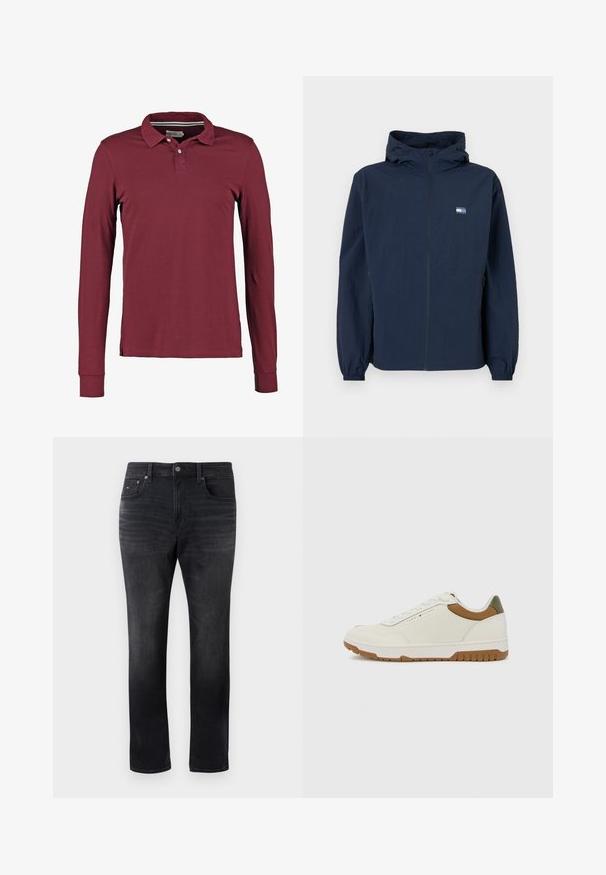 Mørkeblå hettejakke med frontglidelås, elastiske mansjetter, sidelommer, og lite rektangulært logo på venstre bryst.; Langermet polo skjorte i burgunder, med klassisk krage, to-knaps placket og sideslitz for lettere bevegelse. Glatt bomullsstoff.; Svarte slim-fit jeans med falmet vask, femlommesdesign, knappelukking og subtilt merke logo på frontlommen til høyre.; Tommy Hilfiger BASKET CORE - Joggesko - ecru/army green