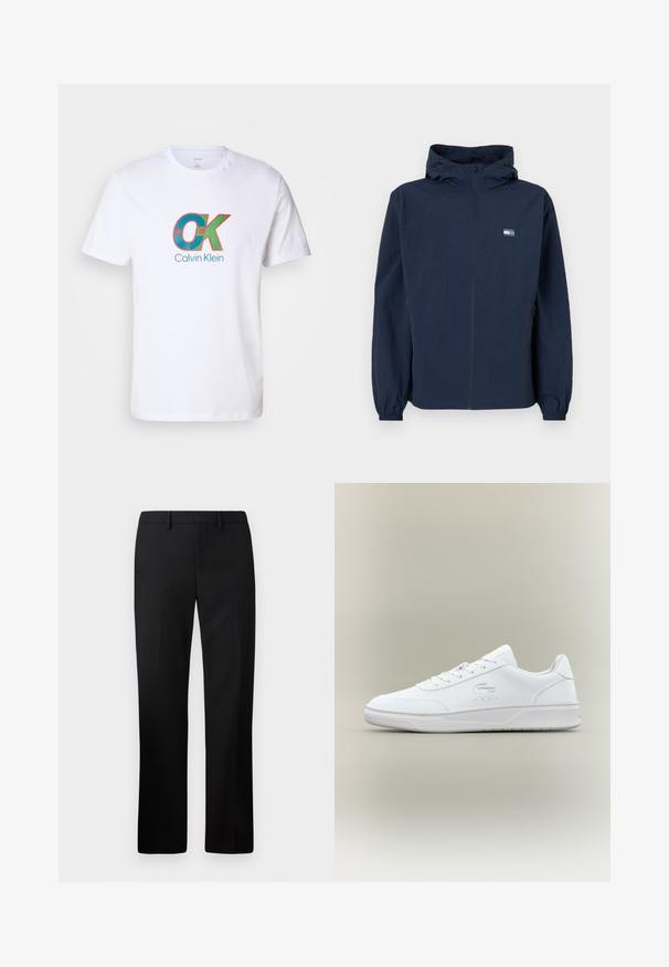 Mørkeblå hettejakke med frontglidelås, elastiske mansjetter, sidelommer, og lite rektangulært logo på venstre bryst.; Hvit bomulls T-skjorte med et iøynefallende grafisk motiv i rødt og turkis med teksten "OK" og "Calvin Klein" i midten. Korte ermer.; Sorte skreddersydde bukser med rette ben, laget av glatt stoff. Funksjoner inkluderer flat front og middels høy livlinje.; Hvite lær sneakers med rund tå, snøring og lav profil såle. Har perforerte detaljer og preget logo.