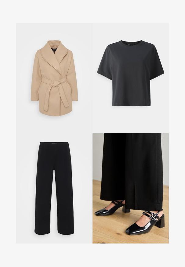Beige ullplagget wrap-kåpen med bred sjalkrage, lange ermer, frontlommer og en knyttet belte i livet.; Svart bomull T-skjorte, korte ermer, rund hals, avslappet passform, jevn tekstur, enkel design, ingen mønstre eller aksenter.; Svart bukser med vid benvidde og elastisk midjebånd. Laget av et strukturert materiale, med en løs passform og rett snitt fra hoftene til sømmen.; Sorte patentlæder slingback sko med firkantede tæer, med dobbelte justerbare ankelremme og blokhæle. Glat, skinnende finish.