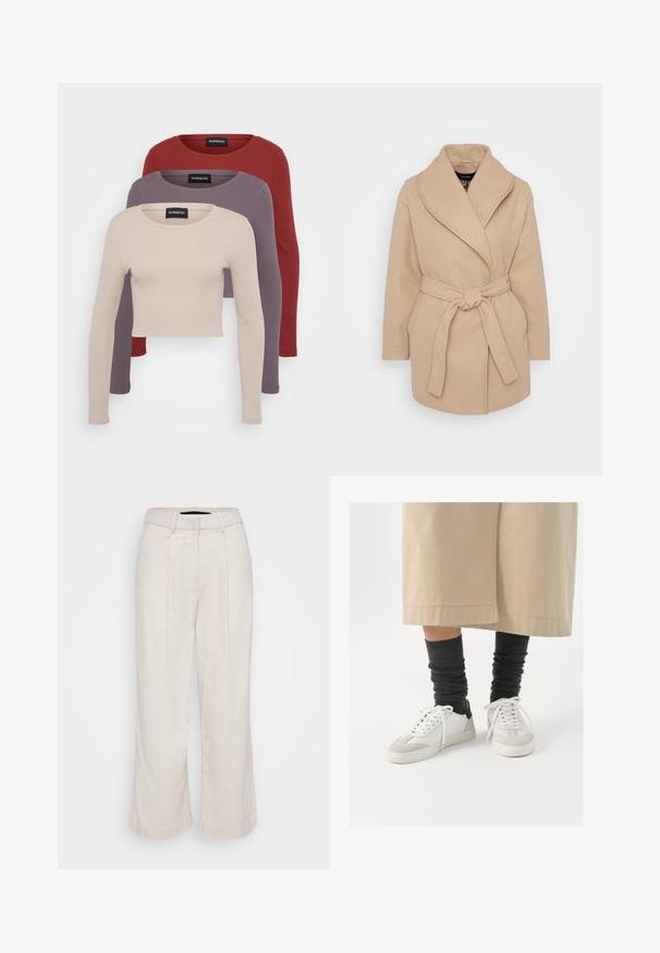 Μπεζ μάλλινο παλτό με φαρδύ γιακά, μακριά μανίκια, μπροστινές τσέπες και ζώνη που δένει στη μέση.; Συλλογή τριών πουκαμίσων με μακριά μανίκια σε μπεζ, μωβ και μπορντώ. Κάθε ένα διαθέτει στρογγυλή λαιμόκοψη και εφαρμοστή ριγωτή υφή.; Μπεζ λινές παντελόνες με ψηλή μέση, πτυχώσεις μπροστά και φαρδιά πόδια. Διαθέτουν κομψό σχέδιο και υφή υφάσματος για αναπνοή.; Λευκά και γκρίζα αθλητικά παπούτσια με μαύρη έμφαση στη φτέρνα, με λείο δέρμα στην επάνω πλευρά και υφή σουέντ στη μύτη. Φορεμένα με σκούρες γκρίζες κάλτσες.