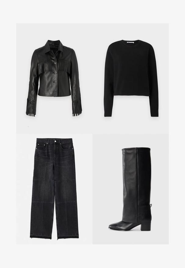 Black leather jacket featuring fringe details on the chest and sleeves, with a classic collar and five button closures.; Black cropped sweater with long sleeves, ribbed neckline and cuffs, made of a soft knit material. Simple and seamless design.; Black denim wide-leg jeans featuring a paneled design, five-pocket styling, and raw hems, with a slightly distressed texture.; Black leather knee-high boots with a smooth finish, square toe, block heel, and side tie detail for adjustable fit.