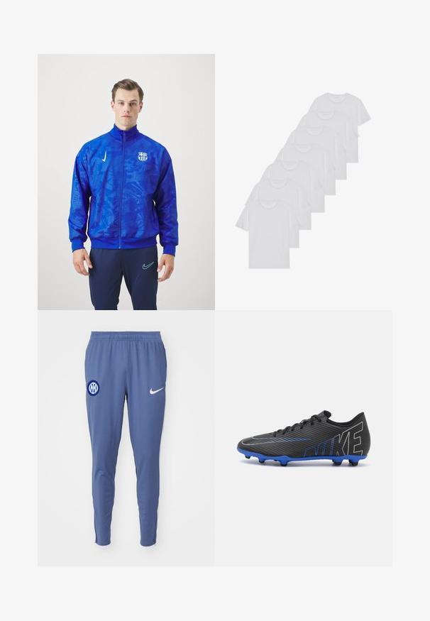 Chaqueta deportiva azul con acabado texturizado, camiseta blanca, pantalones azul marino y zapatillas deportivas negras. Presenta un logo en la chaqueta y los pantalones.; Camisetas de algodón blancas, de manga corta, con diseño de cuello redondo, textura lisa, apiladas en una fila, con un sutil logo en el cuello.; Nike Performance INTER NIKE DF STRIKE PANTS - Pantalones deportivos - diffused blue/lyon blue/sanddrift; Botas de fútbol negras con detalles azules, parte superior texturizada, logotipo de Nike prominente y seis tacos negros sobre una suela azul para tracción.