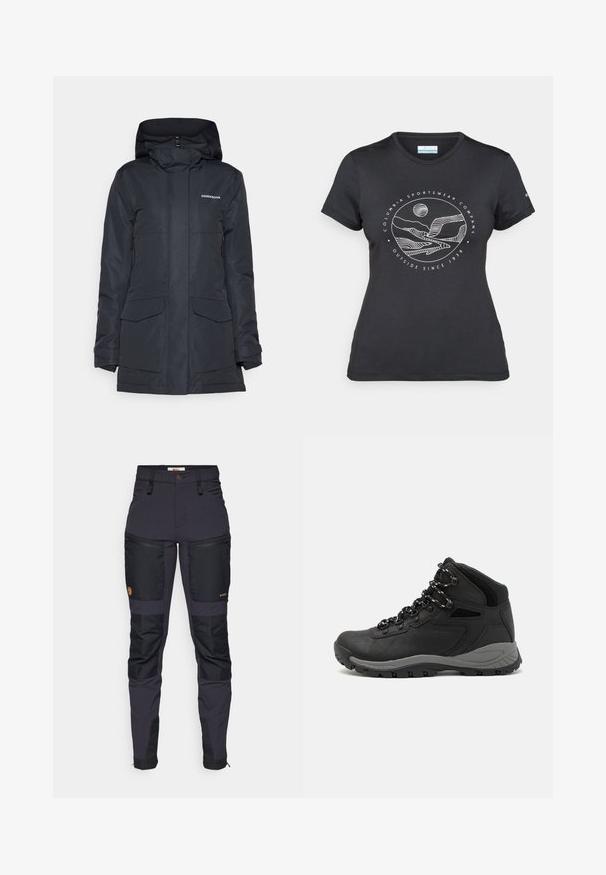 Tamnosinđa parka jakna otporna na vodu s kapuljačom, prednjim zatvaračem, dva velika prednja džepa i logotipom na gornjem lijevom dijelu prsnog koša.; Crna Columbia majica s bijelim kružnim crtežom planine i rijeke te natpisom "Columbia Sportswear Company Outside Since 1938."; Tamno sive hlače s crnim ojačanjima. Značajke uključuju džepove s patentnim zatvaračem, uski kroj i izdržljivu teksturu tkanine.; Crne planinarske čizme s dizajnom srednjeg vrha, sa teksturiranim gornjim dijelom, sivim akcentima i izdržljivom gumom potplatom s uzorkom za prianjanje.