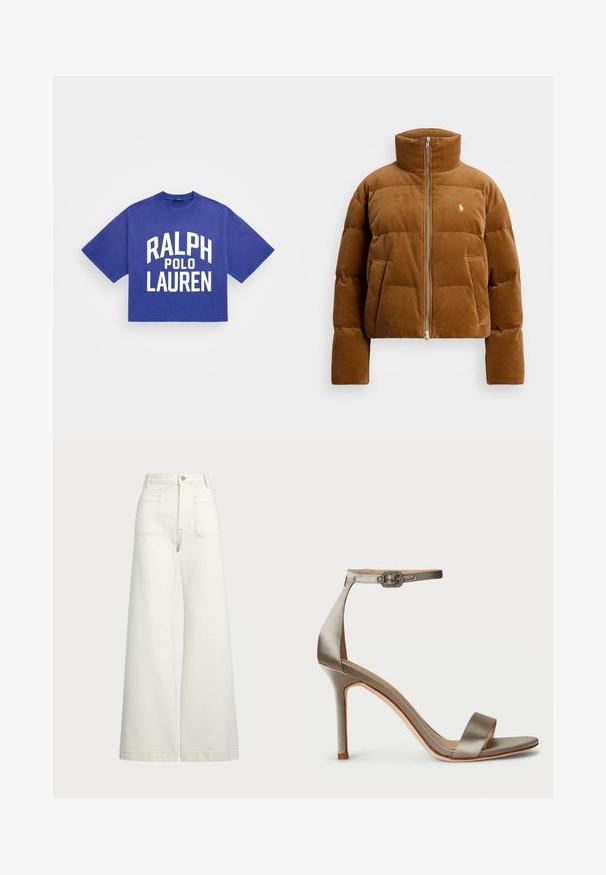 Brūns korduroja pūkains žakets ar augstu apkakli, rāvējslēdzēja aizdari un sānu kabatām; tam ir izšūts raksts un mazs logs krūšu daļā.; Polo Ralph Lauren KNIT T-SHIRT - Apdrukāts T-krekls - bright navy; Platās kājas džinsi off-white denima. Augsta jostasvieta ar pogu aizdari, divas priekšējās kabatas un kontrastējošas šuvju detaļas.; Satin augstpapēžu sandales sudraba krāsā ar potītes siksniņu, kurai ir dekoratīvs sprādzes elements. Atvērta purngala un slaids, elegants dizains.