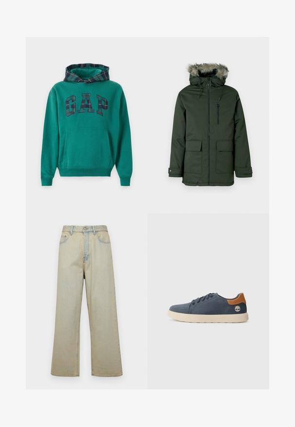 Dunkelgrüne Parka-Jacke mit einem mit Fell besetzten Kapuzenrand, vorderem Reißverschluss und Druckknopfverschluss, zwei großen Vordertaschen und verstellbaren Bündchen. Glatte Textur.; Grüne Kapuzenjacke mit karierter Kapuze, die ein großes "GAP"-Logo im karrierten Muster zeigt. Beinhaltet eine Vordertasche und gerippte Bündchen.; Hellblaue, weit geschnittene Jeans aus Denim mit einem verblassten Finish. Mit fünf Taschen und einem Knopfverschluss vorne.; Marineblaue Canvas-Sneaker mit beigefarbenem Gummisohle, braunem Lederakzent an der Ferse und strukturiertem Nähen. Verfügt über runde Schnürsenkel und Logo-Detail.