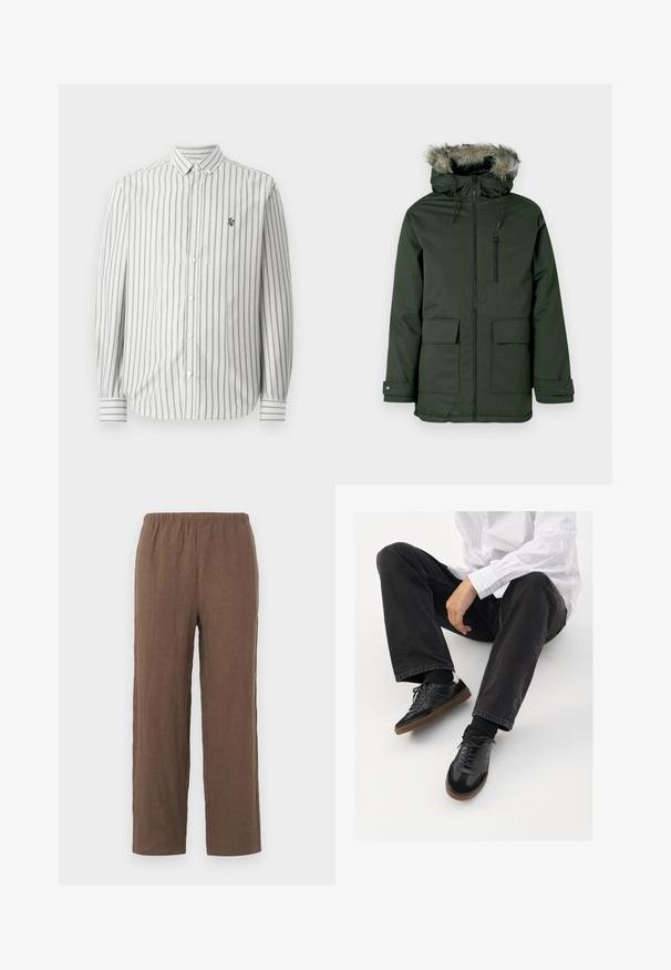 Tumedat rohelised parka jakk, millel on karvadega ääristatud kapuuts, ees luku- ja nööbikinnitusega, kaks suuri esikotist ja reguleeritavad mansetid. Sile tekstuur.; Nuppudega särk horisontaalsete hallide ja valgete triipudega. Pika varrukaga, tavaline krae ja väike logo vasakul rinnal. Puuvillane materjal.; Pruunid linased püksid lõdvaistuvusega, millel on veniv elastne vöökoht ja sirged sääred, siledad tekstuurid ja minimaalne detailide arv.; Mustad spordijalatsid siledast ja tekstuurilisest ülemisest osast, millel on kummist tald ja tumedad nöörid. Kombineeritud mustade teksade ja valge triibulise särgiga.