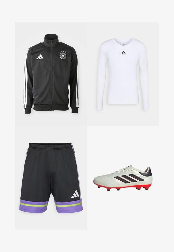 Schwarze Sportjacke aus glattem Stoff, mit weißen drei Streifen Akzenten an den Ärmeln, einem hohen Kragen und einem deutschen Fußball-Logo mit Sternen.; Langärmliges weißes Sportshirt aus glattem Material mit einem schwarzen Adidas-Logo auf der Brust; V-Ausschnitt-Design und figurbetonte Form.; Schwarze Sportshorts mit lila und grüner Streifen am Saum, ausgestattet mit einem elastischen Bund und dem Adidas-Logo in Weiß.; Weißer Fußballschuh mit schwarzen Akzenten und roter Sohle. Verfügt über drei schwarze Streifen an der Seite und ein glattes Obermaterial.