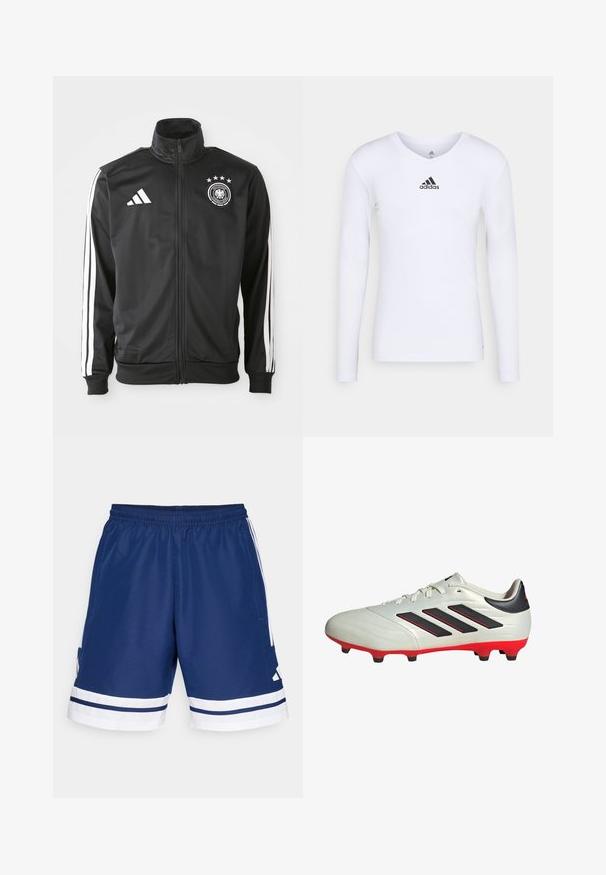 Schwarze Sportjacke aus glattem Stoff, mit weißen drei Streifen Akzenten an den Ärmeln, einem hohen Kragen und einem deutschen Fußball-Logo mit Sternen.; Langärmliges weißes Sportshirt aus glattem Material mit einem schwarzen Adidas-Logo auf der Brust; V-Ausschnitt-Design und figurbetonte Form.; Marineblaue Sportshorts mit einem elastischen Bund, weißen Akzenten und seitlichen Taschen. Mit weißen Streifen am Saum. Aus Polyester.; Weißer Fußballschuh mit schwarzen Akzenten und roter Sohle. Verfügt über drei schwarze Streifen an der Seite und ein glattes Obermaterial.