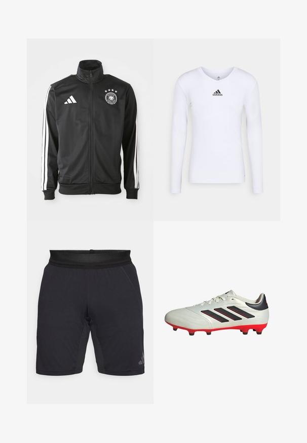 Chaqueta deportiva negra hecha de tela suave, con acentos de tres rayas blancas en las mangas, un cuello alto y un logo de fútbol alemán con estrellas.; Camiseta deportiva de manga larga blanca, fabricada con material suave, que presenta un logo negro de Adidas en el pecho; diseño de cuello en V y forma ajustada.; Pantalones cortos deportivos negros, hechos de un tejido ligero, cuentan con una cinturilla de malla transpirable, costuras laterales y un logo sutil cerca del dobladillo.; Botas de fútbol blancas con acentos negros y suela roja. Presentan tres rayas negras en el lateral y una parte superior de textura suave.