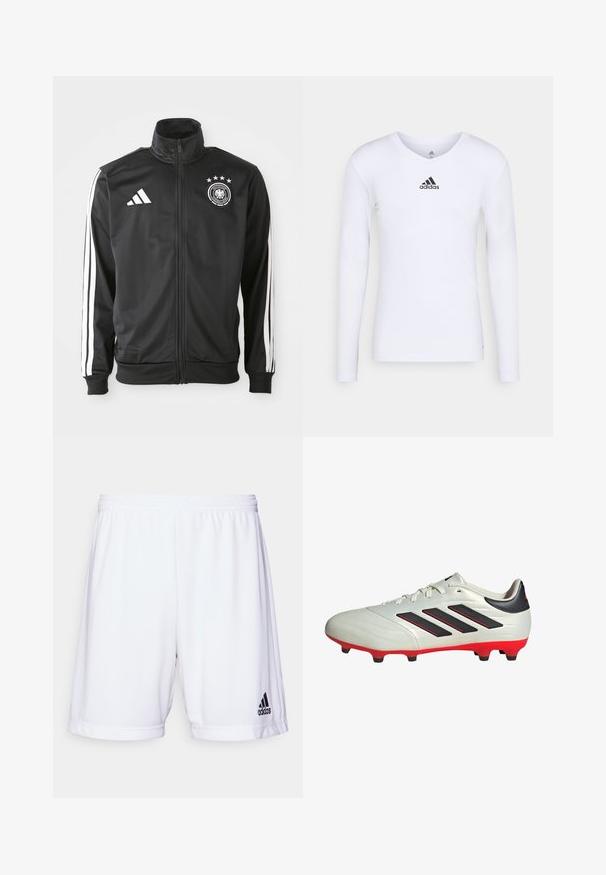 Chaqueta deportiva negra hecha de tela suave, con acentos de tres rayas blancas en las mangas, un cuello alto y un logo de fútbol alemán con estrellas.; Camiseta deportiva de manga larga blanca, fabricada con material suave, que presenta un logo negro de Adidas en el pecho; diseño de cuello en V y forma ajustada.; Bermudas deportivas blancas con una cintura elástica, fabricadas con un tejido suave. Presenta un logo negro de Adidas en la parte inferior izquierda.; Botas de fútbol blancas con acentos negros y suela roja. Presentan tres rayas negras en el lateral y una parte superior de textura suave.