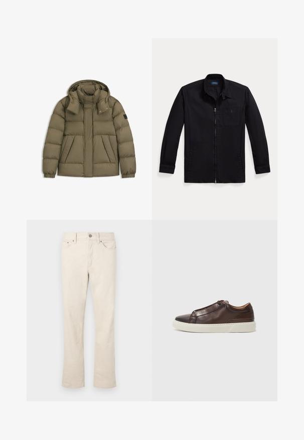Gepolsterte olivgrüne Jacke mit Kapuze, ausgestattet mit einem hohen Kragen, Reißverschluss, Seitentaschen und elastischen Bündchen. Glattes, wetterfestes Material.; Schwarze Jacke aus leichtem Stoff, mit Reißverschluss vorne, spitzem Kragen und einer linken Brusttasche mit Logo. Lange Ärmel mit Detail an den Bündchen.; Beige Jeans aus Baumwollmischung mit geradem Bein. Sie verfügen über einen vorderen Knopf- und Reißverschluss, fünf Taschen und dezente Nähte.; Braune Ledersneaker mit abgerundeter Spitze, kontrastierender weißer Gummisohle, genähten Akzenten und ohne sichtbare Schnürsenkel. Insgesamt glatte Textur.