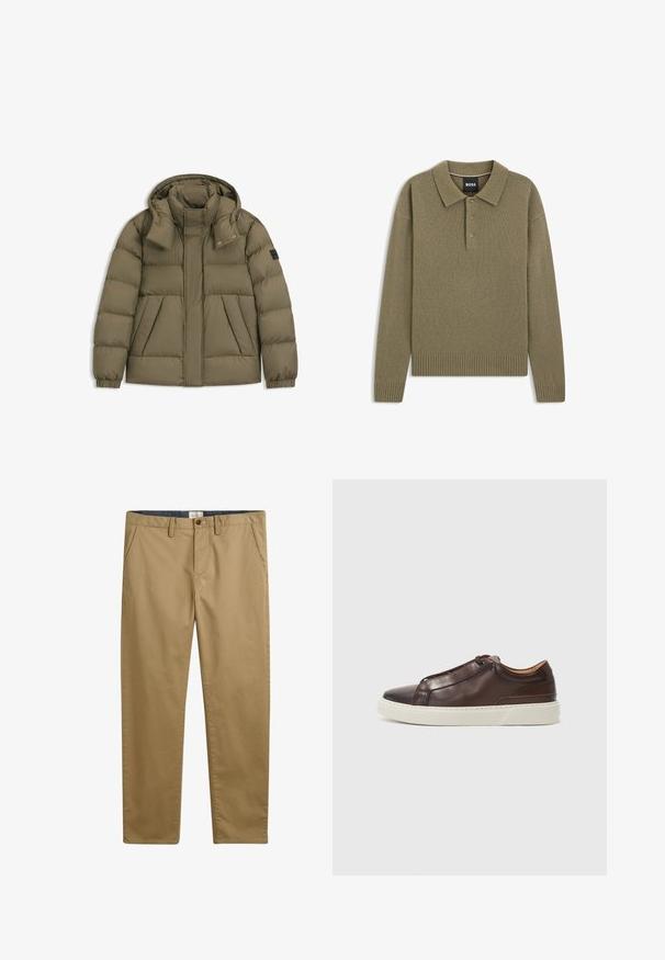 Vaatteet pehmustetussa oliivinvihreässä takissa, jossa on huppu, korkea kaulus, vetoketjusuljenta, sivutaskut ja elastiset hihansuut. Sujuva, säänkestävä kangas.; Oliivinvihreä neulepaita pitkillä hihoilla, jolla on kaulus, kolmipainikehuuli sekä ribattu hihojen ja helman reuna. Pehmeä rakenne kauttaaltaan.; Khaki puuvillahousut suoraan leikkauksella, jossa on sivutaskut, nappisulku ja tekstuuri.; Ruskea nahkainen lenkkari, jossa on pyöristetty kärki, kontrastivärinen valkoinen kumipohja, ommeltuja yksityiskohtia ja ei näkyviä nauhoja. Yhteensopiva sileä pinta.