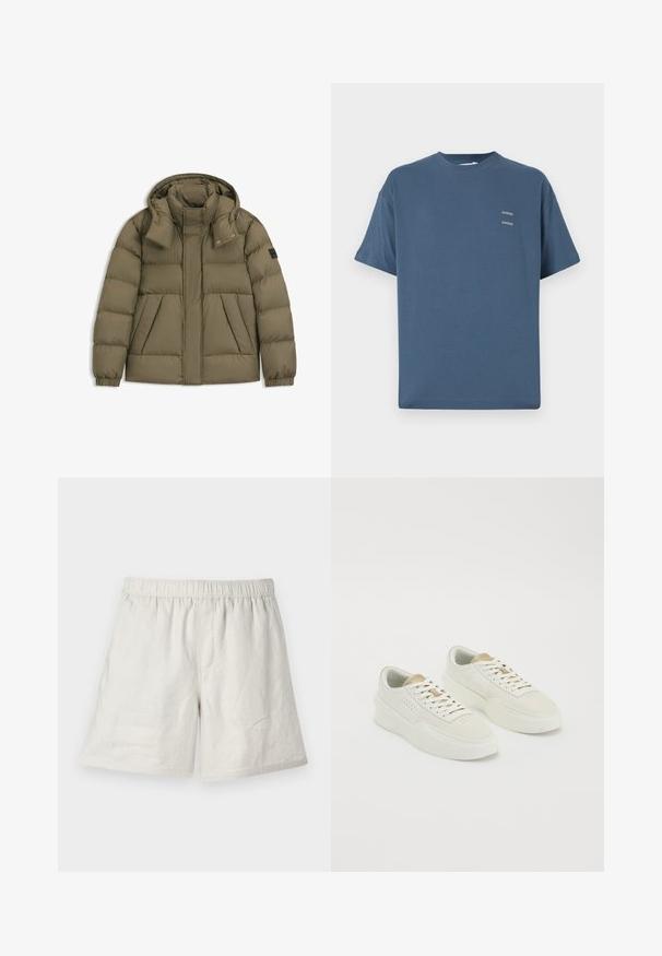 Veste rembourrée olive avec capuche, dotée d'un col montant, d'une fermeture éclair, de poches latérales et de poignets élastiques. Tissu lisse et résistant aux intempéries.; T-shirt en coton bleu avec col rond classique, manches courtes, coupe décontractée et deux petits logos imprimés sur la poitrine. Texture lisse.; Shorts en lin beige clair avec une taille élastique, présentant une coupe décontractée et des coutures minimales pour un design simple et décontracté.; Une paire de baskets basses off-white avec des accents beiges, des semelles épaisses et des lacets blancs sur un fond blanc uni.
