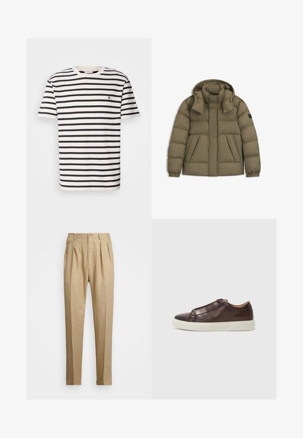 Giacca imbottita verde oliva con cappuccio, dotata di un alto colletto, chiusura con zip, tasche laterali e polsini elasticizzati. Tessuto liscio e resistente alle intemperie.; T-shirt a maniche corte a righe crema e blu navy, realizzato in cotone. Presenta un colletto a costine e un piccolo logo ricamato sul petto.; Pantaloni in lino beige con taglio dritto, dotati di due pince anteriori, chiusura con bottone e tasche laterali. Tessuto testurizzato con una finitura liscia.; Sneaker in pelle marrone con punta arrotondata, suola in gomma bianca a contrasto, dettagli cuciti e nessun lace visibile. Texture complessiva liscia.