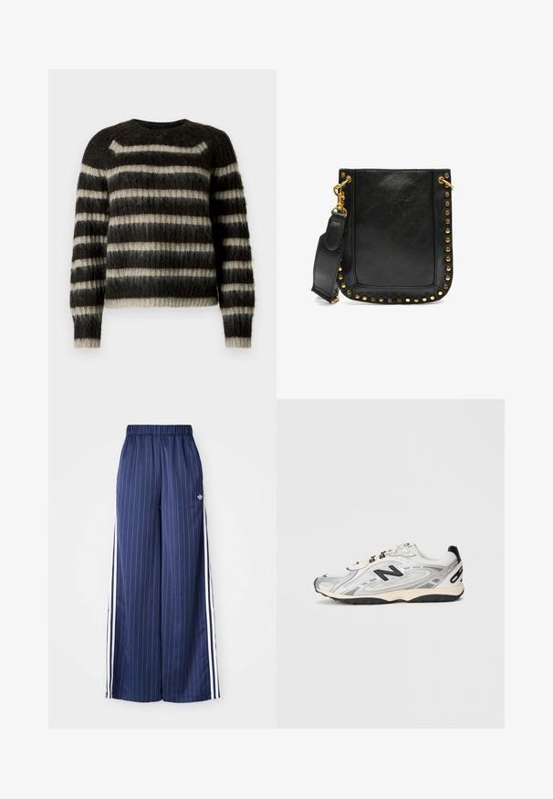 Chaqueta de pelaje sintético marrón con cuello, con cierre de cremallera y un patrón negro salpicado. Diseño corto y mangas largas.; Suéter a rayas en colores gris oscuro y crema, hecho de un material suave y aterciopelado, con cuello redondo y puños y dobladillo acanalados.; Pantalones de pierna ancha azul marino con rayas blancas verticales, cinturilla elástica y tres rayas blancas a lo largo de cada lado, fabricados con un material ligero.; Zapatilla deportiva gris y blanca con punta redondeada, materiales de malla y sintéticos, acentos negros y suela de goma texturizada.; Bolso de piel negra con tachuelas doradas en los bordes, de forma plana y una correa ajustable con un cierre de metal dorado.