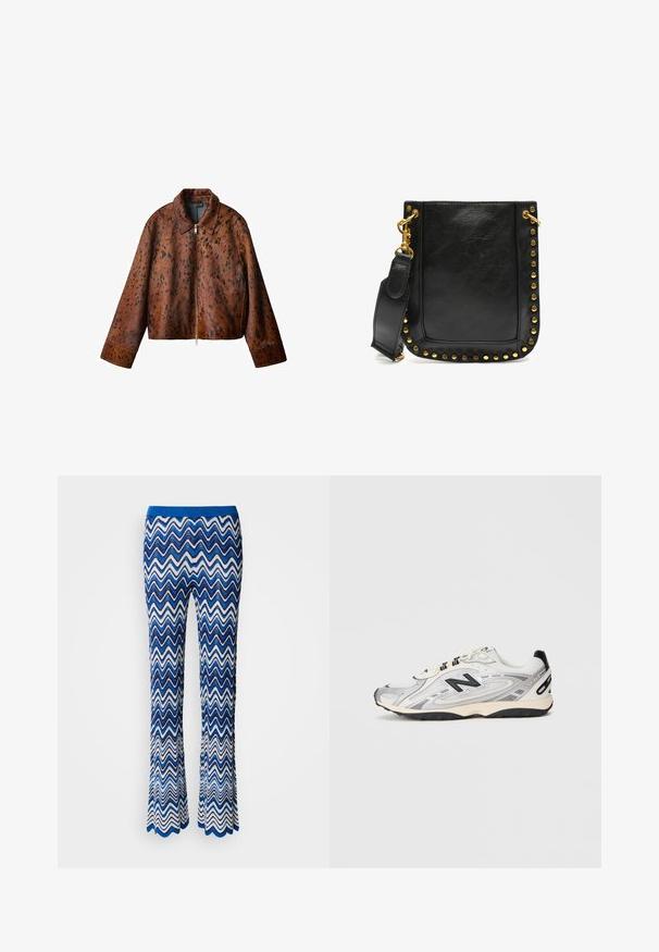 Brown faux fur jacket with a collar, featuring a zip closure and a speckled black pattern. Cropped design and long sleeves.; White button-up shirt with long sleeves, frilled high collar, and vertical ruffle accent down the front. Lightweight cotton fabric.; Blue and white zigzag patterned flared pants made of textured, lightweight fabric with a contrasting blue elastic waistband.; Gray and white athletic shoe with a rounded toe, mesh and synthetic materials, black accents, and a textured rubber sole.; Black leather handbag featuring gold studs along the edges, a flat shape, and an adjustable strap with a gold hardware clasp.