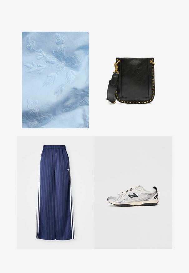 Brown faux fur jacket with a collar, featuring a zip closure and a speckled black pattern. Cropped design and long sleeves.; Light blue fabric featuring intricate white floral embroidery, with delicate leaves and flower motifs, smooth texture, and soft appearance.; Navy blue wide-leg pants with vertical white stripes, elastic waistband, and three white stripes along each side, made from a lightweight material.; Gray and white athletic shoe with a rounded toe, mesh and synthetic materials, black accents, and a textured rubber sole.; Black leather handbag featuring gold studs along the edges, a flat shape, and an adjustable strap with a gold hardware clasp.