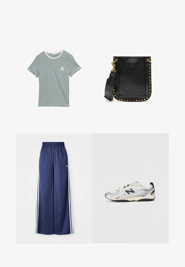 Brown faux fur jacket with a collar, featuring a zip closure and a speckled black pattern. Cropped design and long sleeves.; Cotton t-shirt with navy and white horizontal stripes, round neckline, short sleeves, and small graphic detail on left chest.; Navy blue wide-leg pants with vertical white stripes, elastic waistband, and three white stripes along each side, made from a lightweight material.; Gray and white athletic shoe with a rounded toe, mesh and synthetic materials, black accents, and a textured rubber sole.; Black leather handbag featuring gold studs along the edges, a flat shape, and an adjustable strap with a gold hardware clasp.