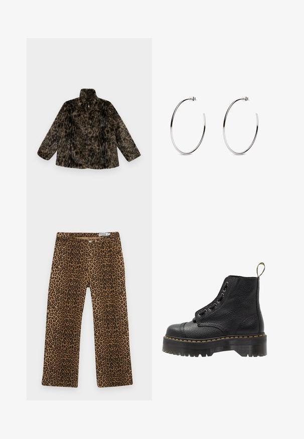 Faux päls zip-up jacka i brun och svart leopardmönster; har en hög krage och lös passform med långa, breda ärmar.; Tre långärmade toppar i svart, grått och vitt, med V-ringad hals och en kort design. Tillverkade av mjukt, lätt tyg.; Leopardmönstrade byxor med ett brunt och svart mönster, rak ben-design och klassisk fem-fickors stil. Tillverkade av en blandning av bomull.; Svart läderankelboot med texturerad yta, rund tå, snörningsdesign, gul stygn och en tjock, mönstrad svart plattformssula.; Söljiga hoopörhängen med en minimalistisk design, som har en slät, cirkulär form och en polerad yta, säkrade med en nålbleck.