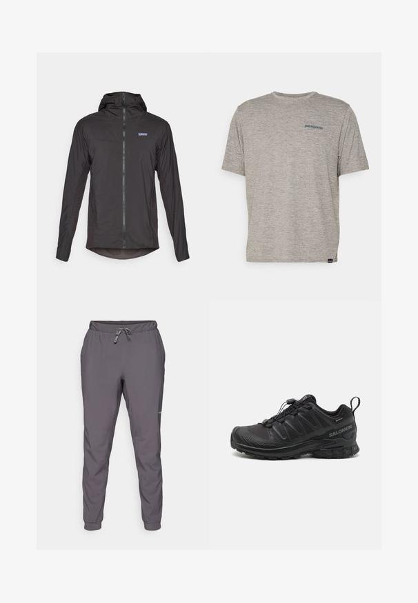 Crna lagana jakna s prilagođenim kapuljačom, prednjim zatvaračem i teksturiranim bočnim panelima. Sadrži mali logo na prsima i zaobljeni rub.; Siva majica kratkih rukava izrađena od mekane, teksturirane tkanine s malim plavim Patagonia logotipom na lijevoj strani prsiju. Bez dodatnih uzoraka.; Sive, lagane hlače s elastičnim pojasom i podešavanjem pomoću vezice; suženi kroj nogavica; glatka tekstura; uključuje logo detalj sa strane.; Crne atletske cipele s teksturiranim sintetičkim gornjim dijelom, podstavljenim đonom i sustavom brzog vezivanja. Imaju ojačani nos i petu.