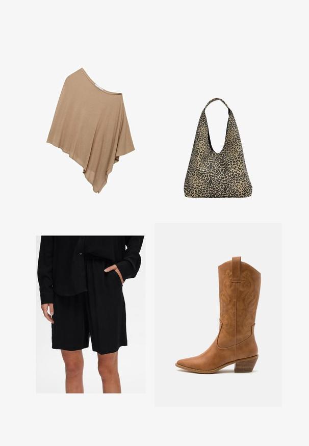 Jasnobrązowy, luźny ponczo wykonane z miękkiego materiału. Posiada szeroki dekolt oraz asymetryczny dół, co nadaje mu zwiewny kształt.; Czarny, bezrękawnikowy top crop z gładkiego materiału. Posiada cienkie ramiączka spaghetti i dekolt w serek, o dopasowanym kroju.; Czarnie luźne szorty wykonane z miękkiego materiału z elastycznym pasem i bocznymi kieszeniami; zestawione z dopasowaną koszulą na guziki.; Brązowe skórzane kowbojki z wyciągniętym nosem, haftowanymi wzorami spiralnymi na cholewie oraz blokowym obcasem. Posiadają pętlę ułatwiającą zakładanie.; PULL&BEAR - Torba na zakupy