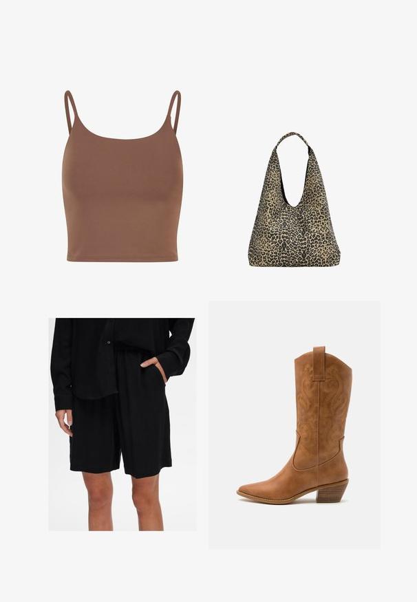 Svetlo rjav, ohlapen pončo iz mehkega blaga. Ima širok izrez in asimetričen rob za tekočo obliko.; Rjav crop top izdelan iz gladkega materiala z tankimi, nastavljivimi naramnicami. Ima okroglo izreza in oprijet silhueto.; Črne sproščene kratke hlače iz mehkega materiala z elastičnim pasom in stranskimi žepi; v kombinaciji z ujemajočo se srajco s gumbi.; Rjavi usnjeni kauboj čevlji s koničastim nosom, vezenimi vijugastimi vzorci na zgornjem delu in zloženim kvadratnim peto. Imajo zanko za enostavno obuvanje.; PULL&BEAR Torba za nakupovanje - mottled dark brown