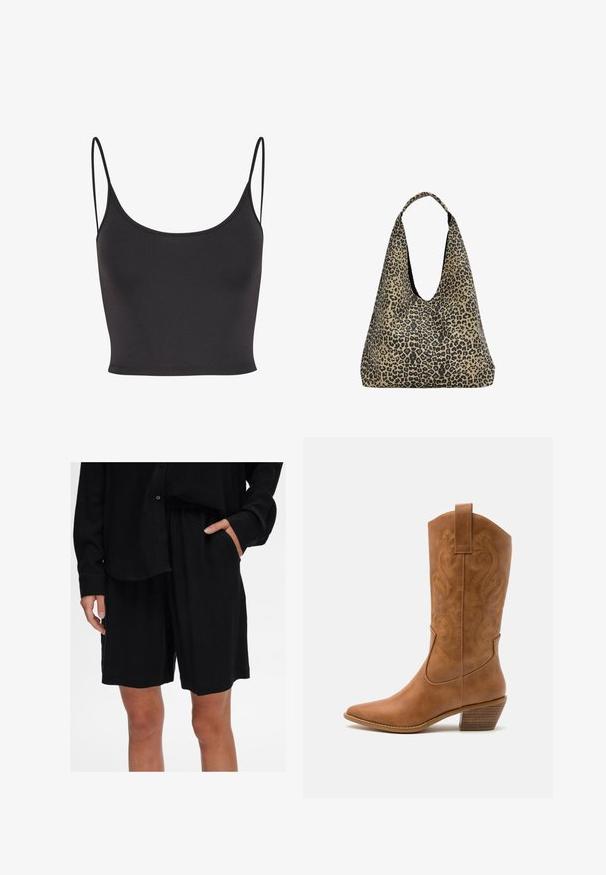 Lichtbruine, loszittende poncho gemaakt van zachte stof. Heeft een brede halslijn en een asymmetrische zoom voor een vloeiende vorm.; Zwarte, mouwloze crop top van gladde stof. Heeft dunne spaghetti-bandjes en een ronde halslijn, met een getailleerd ontwerp.; Zwarte relaxte shorts van zachte stof met een elastische tailleband en zijzakken; gecombineerd met een bijpassend overhemd met knopen.; Tan leren cowboylaars met puntige neus, geborduurde spiraalpatronen op de schacht en een gestapelde blokhak. Voorzien van een trekband voor gemakkelijke aan- en uittrekken.; PULL&BEAR Shopper - mottled dark brown