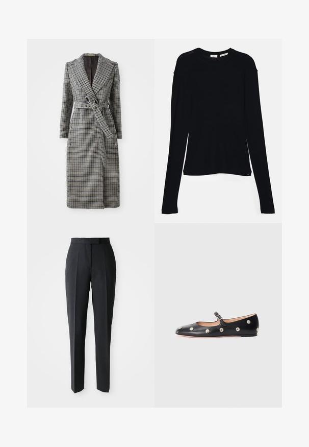 Dlhý, dvojradový kabát v modro-hnedom kockovanom vzore, s opaskom v páse, golierom so špicami a dlhými rukávmi.; Čierny dlhý rukáv top vyrobený z mäkkej tkaniny, s okrúhlym výstrihom a voľným strihom s bočnými rozparokmi na leme pre pohodlný pohyb.; Čierne nohavice so strihom rovného nohu a vysokým pásom, s prednými záhybmi, vystavené na jednoduchom svetlom pozadí.; Čierne kožené baleríny typu Mary Jane s okrúhlou špičkou, so striebornými kruhovými cvokmi a nastaviteľným remienkom so sponou.