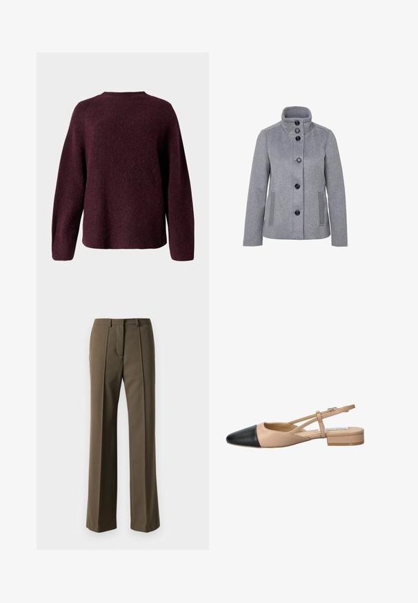 Grijze wollenset jas met een hoge kraag, vijf zwarte knopen, zijzakken en ribbelaccenten op de kraag en zakken.; Bordeaux gebreide trui met een ronde halslijn, lange mouwen en een ontspannen pasvorm met een zachte, gestructureerde afwerking.; Bruine op maat gemaakte broek met een rechte pasvorm, geplooide voorkant en klassieke tailleband. Gemaakt van een zachte stof met een verfijnde afwerking.; Beige en zwarte twee-tonen slingback schoen met een spitse neus, platte hak en kruislings banddetail. Gladde leren textuur.
