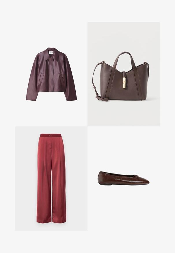 NA-KD Giacca in similpelle - burgundy; Maglione a maglia marrone scuro con collo a giro, maniche lunghe e bordi a coste. Tessuto morbido con un design a vestibilità rilassata.; Stine Goya Pantaloni - raspberry; Ballerine in pelle marrone con una superficie liscia, punta affusolata e un dettaglio a fiocco sulla parte anteriore, dotate di una suola bassa in gomma nera.; Borsa a mano in pelle marrone con design strutturato, doppie maniglie corte e tracolla rimovibile. Presenta un dettaglio di chiusura in tonalità oro.