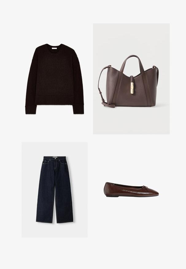 NA-KD Faux leather jacket - burgundy; Dark brown knit sweater featuring a crew neck, long sleeves, and ribbed cuffs and hem. Soft texture with a relaxed fit design.; Dark blue denim wide-leg jeans with a high waist, five pockets, contrast stitching, and silver metal hardware. Smooth texture and clean finish.; Brown leather ballet flat with a smooth texture, pointed toe, and a bow accent on the front, featuring a low black rubber sole.; Brown leather handbag with structured design, dual short handles, and detachable shoulder strap. Features a gold-tone clasp detail.