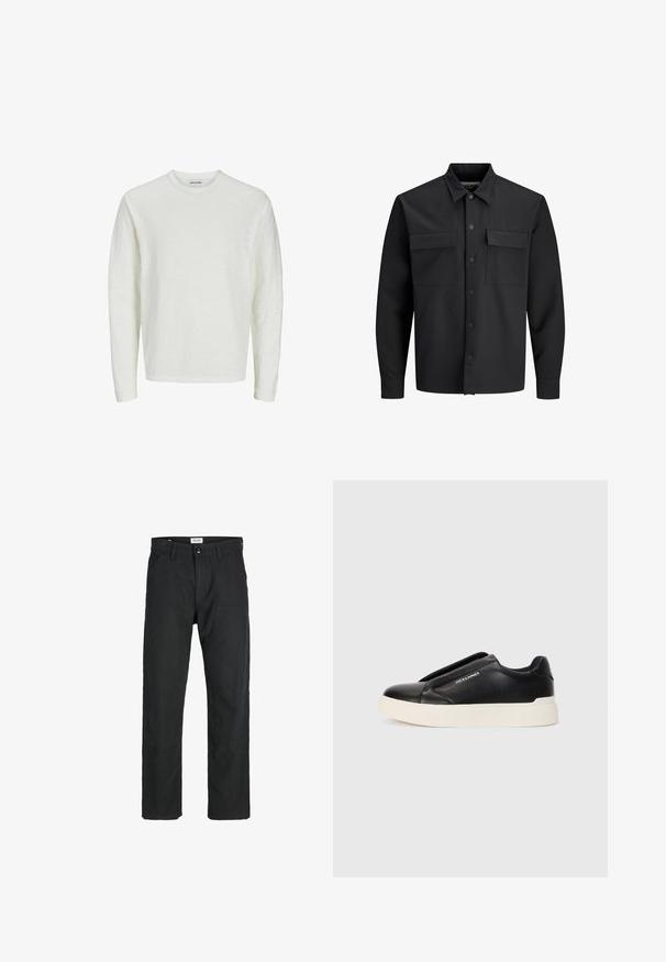 Chemise jacket noire à manches longues avec boutons, dotée de deux poches à rabat à l'avant et d'un col pointu.; Chemise à manches longues en blanc cassé, en tissu texturé. Design à col rond avec épaules sans couture et ourlet droit. Pas de motifs ni d'accents visibles.; Pantalons noirs en tissu durable, présentant un design à jambe droite, des accents cousus et deux poches avant pour la fonctionnalité.; Baskets noires à enfiler avec un dessus en cuir texturé, semelle en caoutchouc blanche et sans lacets visibles. Présente le logo de la marque sur le côté.