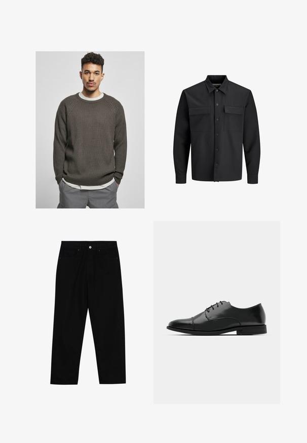 Černá dlouhá košile s knoflíky a nápravními kapsami na přední straně, s špičatým límcem.; Tmavohnědý žebrovaný svetr s kulatým výstřihem a raglánovými rukávy, navlečený přes bílou košili. Textura vypadá měkce a útulně.; Černé džíny s rovně střiženými nohavicemi, designem pěti kapes a předním zapínáním na knoflík. Hladký povrch s minimem švových detailů.; Černé kožené společenské boty s kulatou špičkou, šněrováním, jemnými švy a nízkým podpatkem. Hladký povrch s lesklým finišem.