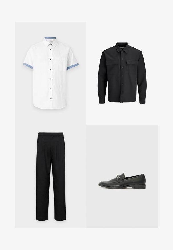 Čierna dlhá košeľa s gombíkmi a prevedením na bundu, s dvoma prednými vreckami na klapku a špicatým golierom.; Biela krátka košeľa s golierom na gombíky, s modrými akcentmi na manžetách a golieri, a prednou vreckom. Vyrobená z ľahkej tkaniny.; Čierne nohavice vyrobené z hladkej tkaniny, s rovnými nohavicami, dvoma prednými skladmi a štandardným pásom s pútkami na opasok.; Čierne kožené loafers s hladkým povrchom, s prešitým dizajnom a dekoratívnym kovovým reťazovým akcentom cez priehlavok. Plochý podpätok.