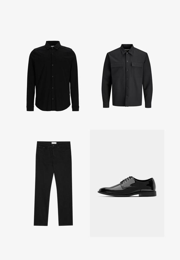 Črna srajčna jakna z dolgimi rokavi in gumbom, ki ima dve sprednji žepni odprtini s pokrovčkom in koničast ovratnik.; Črna srajca z dolgimi rokavi, izdelana iz gladkega materiala, z gumbom spredaj, ovratnikom in subtilnim vezenim logotipom na prsih.; Črne ravne jeans hlače s petimi žepi, z gumbom in zadrgo za zapiranje ter oznako blagovne znamke Pier One na pasu.; Črne lakirane usnjene čevlje z zaobljenim nosom, vezanjem in gladko, sijočo površino. Imajo nizko profilirano gumijasto podplat.