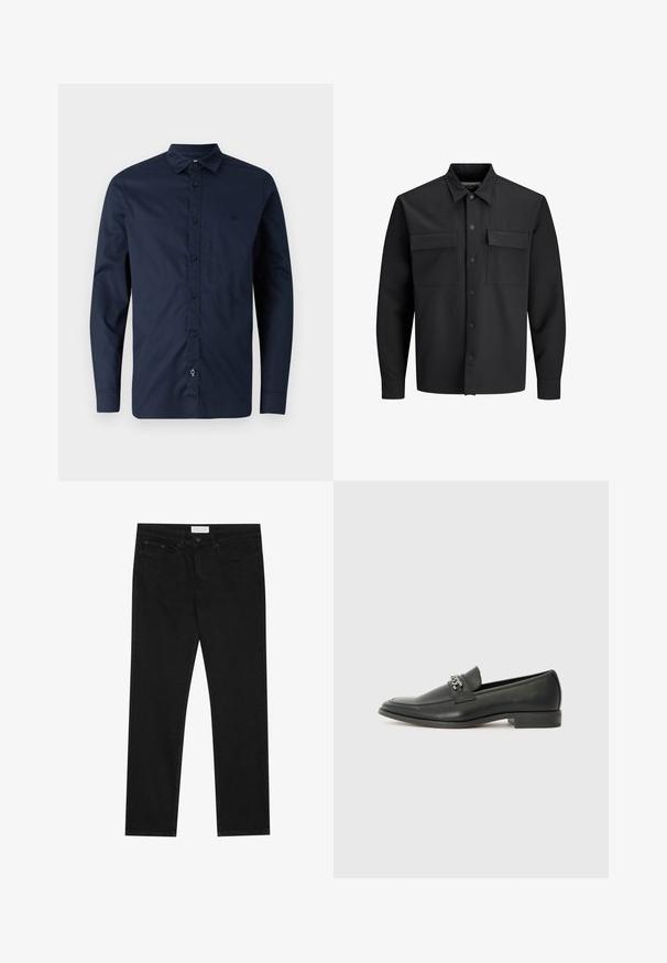 Črna srajčna jakna z dolgimi rokavi in gumbom, ki ima dve sprednji žepni odprtini s pokrovčkom in koničast ovratnik.; Mornarsko modra dolg rokav majica iz bombaža, ki ima ovratnik z gumbi, sprednji del s placketom in gumbi ter subtilen logotip na prsih.; Črne ravne jeans hlače s petimi žepi, z gumbom in zadrgo za zapiranje ter oznako blagovne znamke Pier One na pasu.; Črni usnjeni loafer z gladko površino, ki ima šivano zasnovo in dekorativni kovinski verižni naglas preko vampirja. Ravno peto.