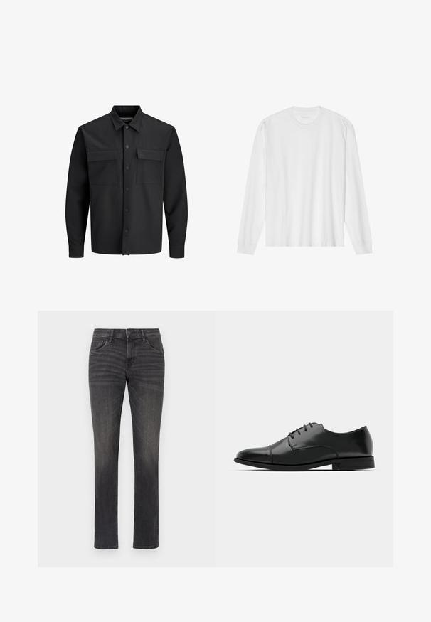 Čierna dlhá košeľa s gombíkmi a prevedením na bundu, s dvoma prednými vreckami na klapku a špicatým golierom.; Dlhý rukáv, biela bavlnená tričko s okrúhlym výstrihom a rebrovanými manžetami. Jednoduchý, bezvýzdobový dizajn s hladkou textúrou a štandardným strihom.; Sivé džínsy s rovnými nohavicami, so štýlovým piatimi vreckami a diskrétnym zužovaním na prednej strane. Obsahujú zapínanie na gombík a pútka na opasok.; Čierne kožené spoločenské topánky s okrúhlou špičkou, šnurovací dizajn, jemné prešívanie a nízky podpätok. Hladká štruktúra s lesklým povrchom.