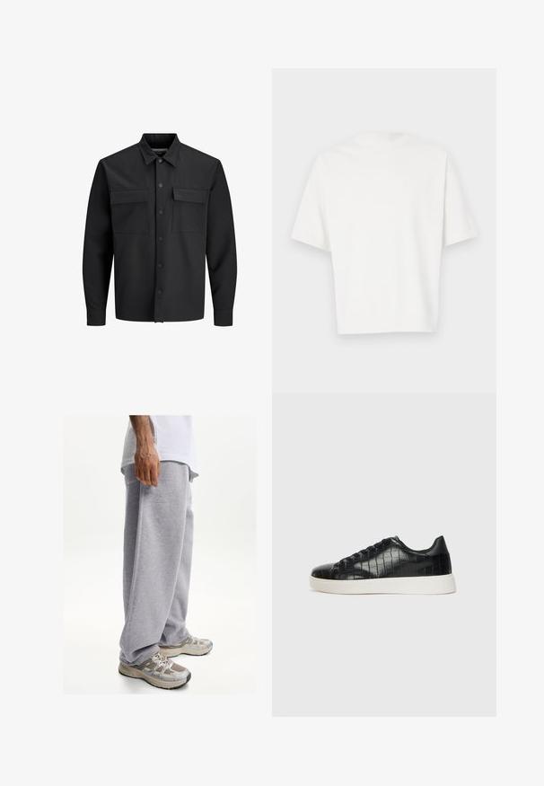 Crna kratka jakna sa dugim rukavima i dugmadi, s dva prednja džepa s preklopom i oštrim kragnom.; Bijela kratka majica s kratkim rukavima, izrađena od mekog materijala. Okrugli izrez, opušteni kroj i jednostavan dizajn bez ukrasa ili uzoraka.; Sive trenirke napravljene od mekog materijala, s opuštenim krojem i elastičnim pojasom. Uparene s bež i sivim sportskim tenisicama.; Crne tenisice s teksturiranom gornjom površinom od kože s uzorkom krokodila, zaobljenim vrhom i kontrastnom bijelom gumenom potplatom s glatkom završnom obradom.