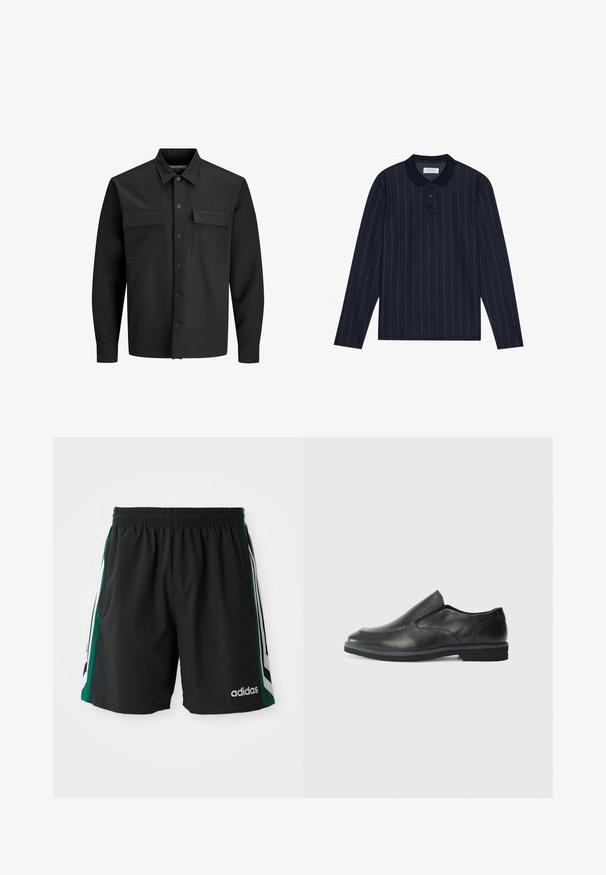Juodas ilgomis rankovėmis marškiniai su mygtukais, su dviem priekinių kišenių užsegimais ir smailiu apykaklė.; Jūros mėlynos ilgos rankovės polo marškiniai su apykaklės iškirpte, su plonomis vertikaliomis juostelėmis ir trims mygtukais. Minkšta audinio tekstūra.; Juodi sportiniai šortai su elastine juosta, su žaliais ir baltais šonų dryžiais ir balta "adidas" logotipu priekyje.; Juodai odiniai įtvirtinimo batai su lygiu paviršiumi, siuvinėjimo akcentais, apvalia nosimi ir žemu guminiu kulnu. Pado raštas minimalus.