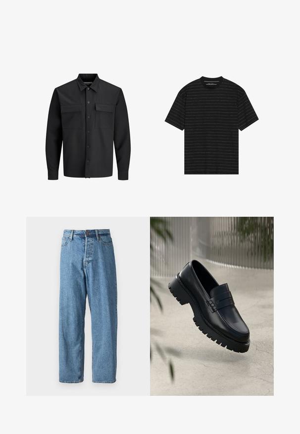 Black long-sleeve button-up shirt jacket with two front flap pockets and a pointed collar.; Black short-sleeve t-shirt featuring thin white horizontal stripes. Made from soft fabric with a crew neckline and relaxed fit.; Light blue denim jeans with a loose fit, featuring a button closure, five pockets, and minimal fading for a clean look. Classic tapered leg design.; Black leather loafers with a chunky tread sole, featuring a decorative strap and stitching detail. Smooth texture with a polished finish.