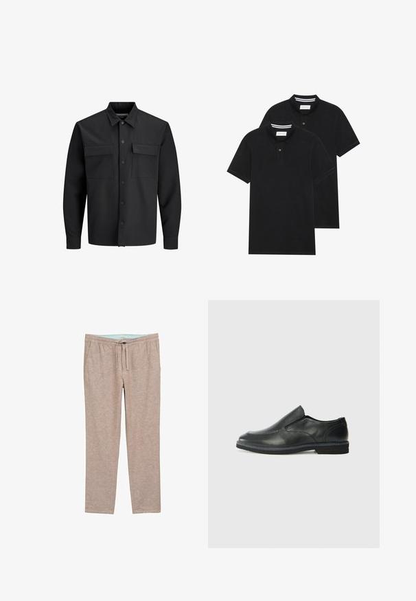 Black long-sleeve button-up shirt jacket with two front flap pockets and a pointed collar.; Two black polo shirts, short-sleeved, cotton material, featuring a classic collar, two-button placket, and white striped accents inside the collar.; Light brown, soft-textured pants with a relaxed fit, featuring an elastic waistband and drawstring for adjustable comfort.; Black leather slip-on shoe with a smooth upper, stitched accents, rounded toe, and a low rubber heel. Sole features minimal tread.
