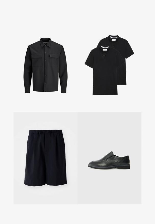 Čierna dlhá košeľa s gombíkmi a prevedením na bundu, s dvoma prednými vreckami na klapku a špicatým golierom.; Dvé čierne polo tričká, krátke rukávy, vyrobené z bavlny, s klasickým golierom, dvojitým gombíkom a bielymi pruhmi vo vnútri goliera.; Námořnické modré šortky vyrobené z lehkého materiálu, s elastickým pasem a šňůrkou na stažení, a dvěma bočními kapsami, rovný střih.; Čierny kožený nazúvací topánka s hladkým zvrškom, prešitými akcentmi, zaoblenou špičkou a nízkym gumovým podpätkom. Podošva má minimálny dezén.