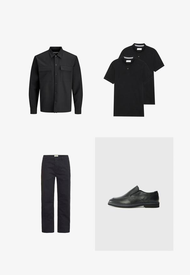 Zwarte langemouwen button-up shirtjack met twee voorste klepzakken en een puntige kraag.; Twee zwarte polo shirts, met korte mouwen, van katoen, met een klassieke kraag, een knoopsluiting met twee knopen en witte gestreepte accenten aan de binnenkant van de kraag.; Zwarte katoenen broeken met een rechte pijp, voorzien van een voorste knoopsluiting, riemlussen en minimale details.; Zwarte leren instapper met een soepele bovenkant, gestikte accenten, ronde neus en een lage rubberen hak. De zool heeft minimale profiel.