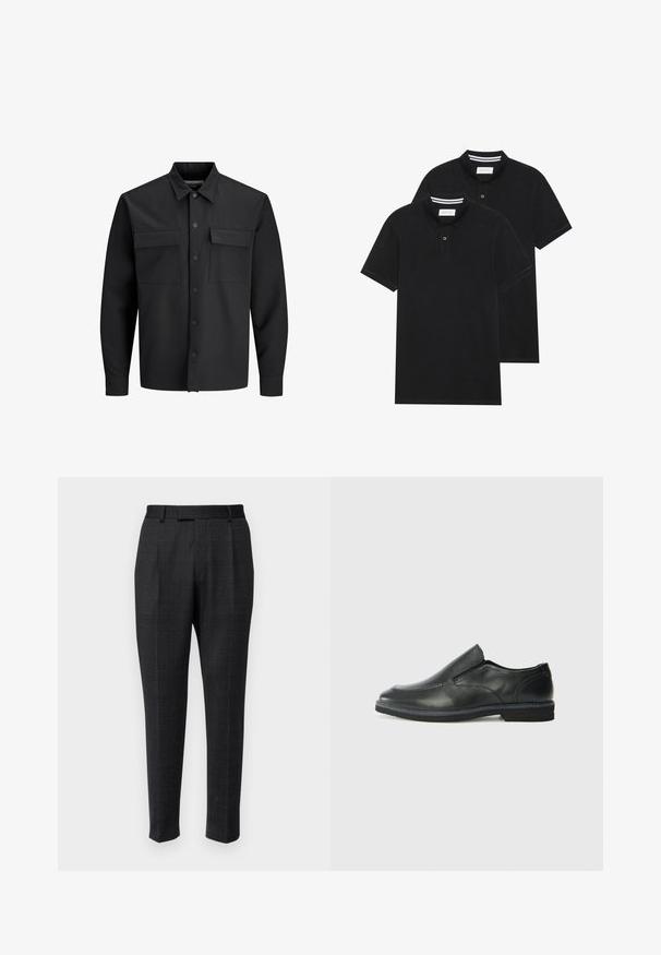 Black long-sleeve button-up shirt jacket with two front flap pockets and a pointed collar.; Two black polo shirts, short-sleeved, cotton material, featuring a classic collar, two-button placket, and white striped accents inside the collar.; Tailored trousers made of dark fabric with a subtle check pattern, featuring a straight leg, pleats, and a standard waistband.; Black leather slip-on shoe with a smooth upper, stitched accents, rounded toe, and a low rubber heel. Sole features minimal tread.