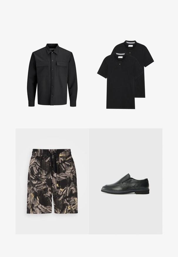 Black long-sleeve button-up shirt jacket with two front flap pockets and a pointed collar.; Two black polo shirts, short-sleeved, cotton material, featuring a classic collar, two-button placket, and white striped accents inside the collar.; Black shorts with a bold, abstract leafy pattern in gray and yellow tones. Features an elastic waistband and drawstring for adjustable fit.; Black leather slip-on shoe with a smooth upper, stitched accents, rounded toe, and a low rubber heel. Sole features minimal tread.