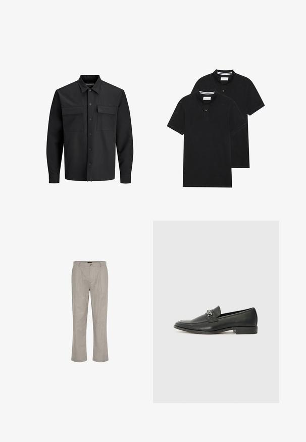 Svart långärmad skjorta med knappar, jacka med två framfickor med klaff och spetsig krage.; Två svarta polo t-shirts, kortärmade, i bomullsmaterial, med en klassisk krage, tvåknappsslutning och vita randiga accenter inuti kragen.; Ljust grå linnebyxor med rak passform, med en engångsknappstängning och två framveck för extra detalj.; Svart läderloafers med en slät yta, med en sydd design och en dekorativ metallkedjeaccent över västen. Platt häldesign.