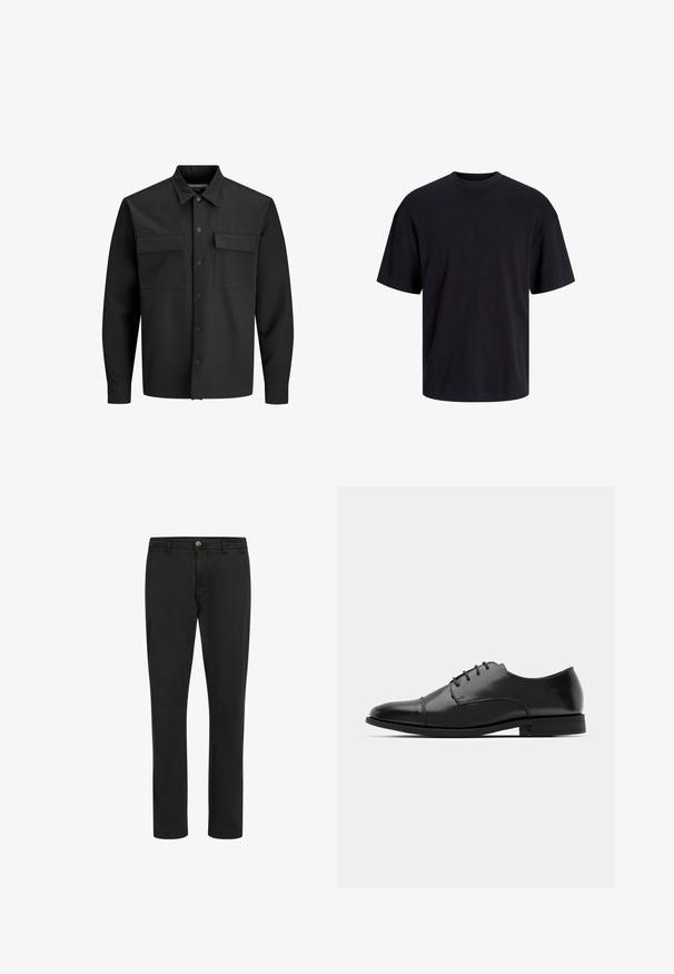 Must mustriga nööbiga särk-jakk, millel on kaks esimest klapikotti ja terav krae.; Must must on mustre, lühikeste varrukatega ja vabalt langev. Sile tekstuur ja ilma nähtavate mustrite või aktsentideta.; Mustadest puuvillast püksid sirge lõikega, esise nupuga kinnitamine ja kaks külgtaskut; sile tekstuur ja minimalismist inspireeritud disain.; Must must esine tugeva varbaga, luku kinnitusega, peente õmblustete detailidega ja madala kontsaga. Sile tekstuur ja poleeritud viimistlus.