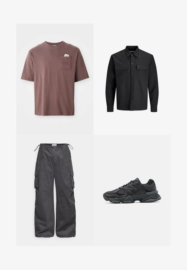 Svart langermet skjortejakke med knapper, to frontlommer med klaff og spiss krage.; Brun bomull T-skjorte med kortermet. Har en brystlomme med et grafisk bilde av en katt som titter ut, og ordet "PUMA" preget på lommen.; Grå cargo bukser med teksturert stoff, elastisk liv, snøring og sidelommer. Løs passform med vide ben.; Svart løpesko med en blanding av mesh og syntetiske materialer, chunky såle, buet design og fremtredende merkevare på siden.