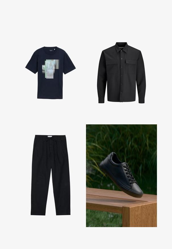 Črna srajčna jakna z dolgimi rokavi in gumbom, ki ima dve sprednji žepni odprtini s pokrovčkom in koničast ovratnik.; Mornarsko modra bombažna majica s kratkimi rokavi, ki prikazuje večplastno grafično zasnovo z besedilom "PODPIS >>> IGRAJ" in imenom blagovne znamke "TOM TAILOR" v beli barvi.; Pier One Hlače chino - black; Črne usnjene superge z gladko teksturo, okroglo špicasto konico in ravnimi vezalkami, postavljene nad leseno površino z zeleno travo v ozadju.