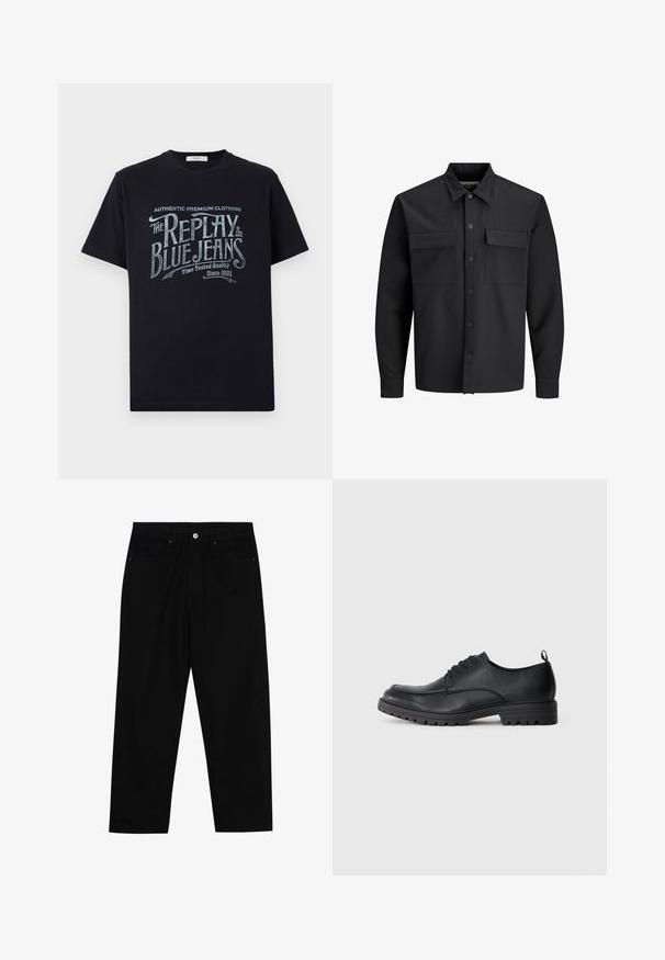 Černá dlouhá košile s knoflíky a nápravními kapsami na přední straně, s špičatým límcem.; Černé bavlněné tričko s krátkými rukávy a kulatým výstřihem, s vintage-stylovým bílým a světle modrým grafickým textovým designem na přední straně.; Černé džíny s rovně střiženými nohavicemi, designem pěti kapes a předním zapínáním na knoflík. Hladký povrch s minimem švových detailů.; Černé kožené společenské boty s hladkým povrchem, kulatou špičkou, šněrováním a pevným gumovým podpatkem s drážkovaným vzorem.